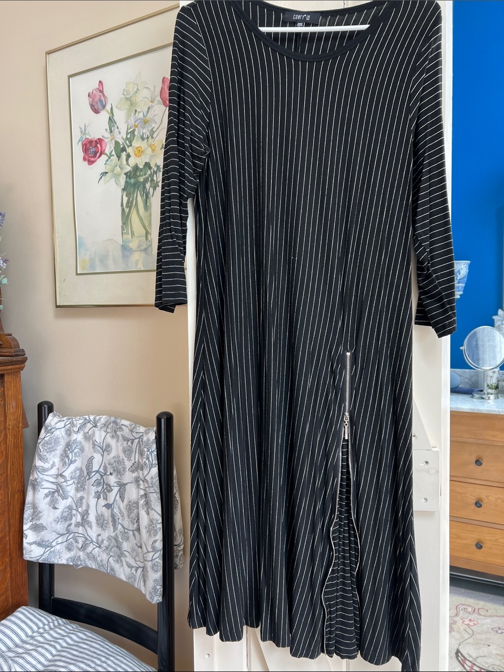 Comfy USA Black Pinstripe Midi Dress with Side Zip